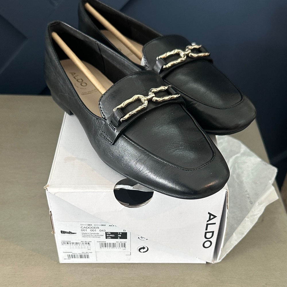 Aldo Black Loafers with Gold Chain Detail